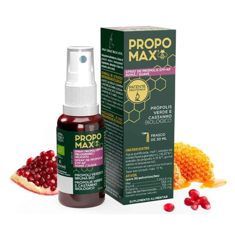 Frasco de Propomax Spray de Própolis Suave Romã 30ml Lehning, com design moderno em tons de branco e vermelho, ideal para suporte ao sistema imunitário e alívio da garganta com sabor suave de romã.