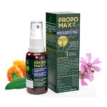 Frasco de Propomax Spray de Própolis Forte 30ml Lehning, com design compacto e prático em tons de verde e branco, ideal para suporte ao sistema imunitário e alívio da garganta.