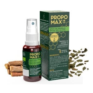 Frasco de Propomax Spray de Própolis Sem Álcool 30ml Lehning, com design em tons de verde e branco, indicado para suporte natural ao sistema imunitário e alívio da garganta, sem álcool. Título: Frasco de Propomax Spray de Própolis Sem Álcool 30ml Lehning, com design em tons de verde e branco, indicado para suporte natural ao sistema imunitário e alívio da garganta, sem álcool.