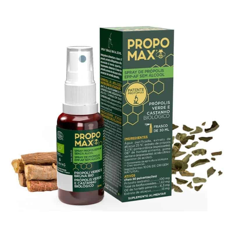 Frasco de Propomax Spray de Própolis Sem Álcool 30ml Lehning, com design em tons de verde e branco, indicado para suporte natural ao sistema imunitário e alívio da garganta, sem álcool. Título: Frasco de Propomax Spray de Própolis Sem Álcool 30ml Lehning, com design em tons de verde e branco, indicado para suporte natural ao sistema imunitário e alívio da garganta, sem álcool.