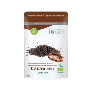 pepitas de cacau 100% cru biológico Biotona em embalagem de 200 gramas, ricas em antioxidantes e ideais para smoothies ou snacks saudáveis