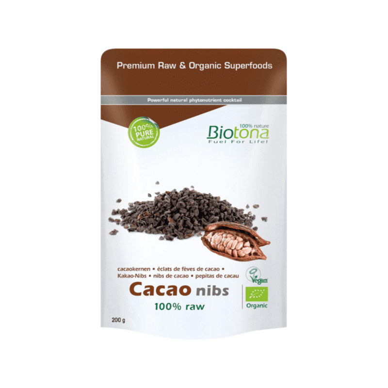 pepitas de cacau 100% cru biológico Biotona em embalagem de 200 gramas, ricas em antioxidantes e ideais para smoothies ou snacks saudáveis