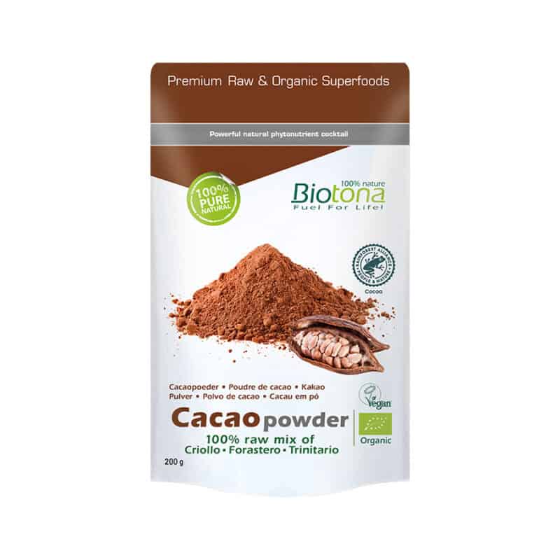 Embalagem do Cacau 100% Raw em Pó 200g da Biotona, superalimento biológico rico em antioxidantes e magnésio.