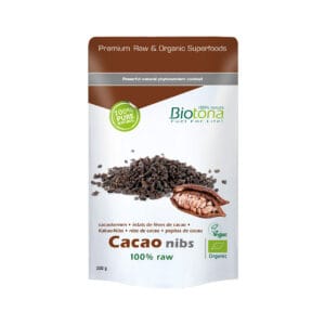 Embalagem de Cacau 100% Raw Pepitas de 300gr da marca Biotona- Suplemento alimentar Deliciosamente crocantes, 100% puras e não processadas, sem aditivos.