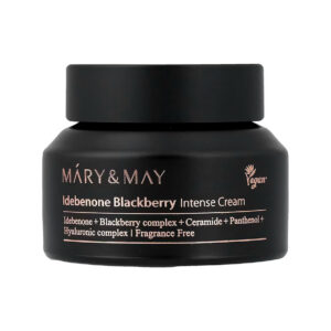 Creme Intenso Idebenone Blackberry 70gr Mary & May, creme facial com 63% Blackberry Complex, idebenona, ceramidas e pantenol para hidratação e firmeza da pele.
