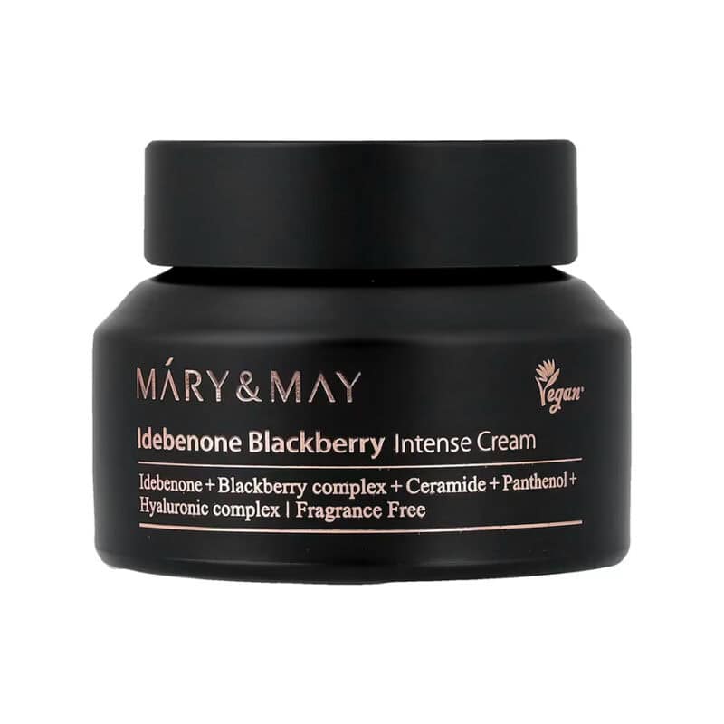 Creme Intenso Idebenone Blackberry 70gr Mary & May, creme facial com 63% Blackberry Complex, idebenona, ceramidas e pantenol para hidratação e firmeza da pele.