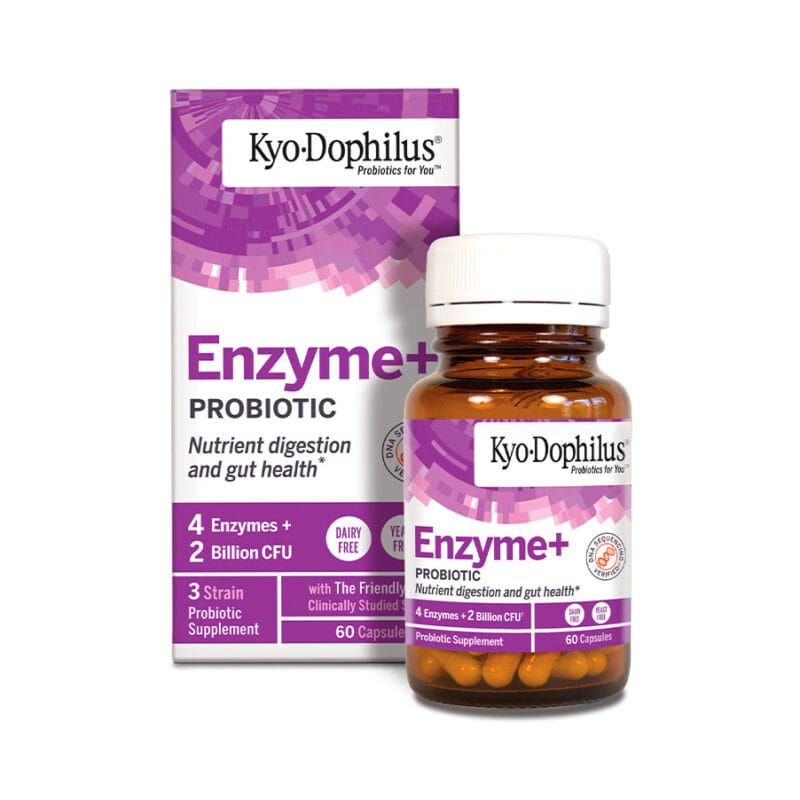 Frasco de Kyo-Dophilus Enzyme+ Probiótico, com 60 Cápsulas, este suplemento alimentar ajuda na prevenção das diarreias induzidas por antibióticos, digestões difíceis, síndromes de mal absorção, restabelecimento da flora intestinal benéfica