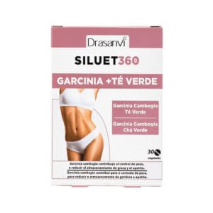 Embalagem de Siluet 360 Garcinia Cambogia + Chá Verde, com 30 Comprimidos da marca Drasanvi. Suplemento alimentar favorece o processo de perda de peso e ajuda para controlar o apetite