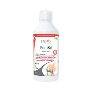 Frasco de Pure Sil, com 500ml da marca physalis. Este Suplemento alimentar apoia articulações, cabelos e unhas