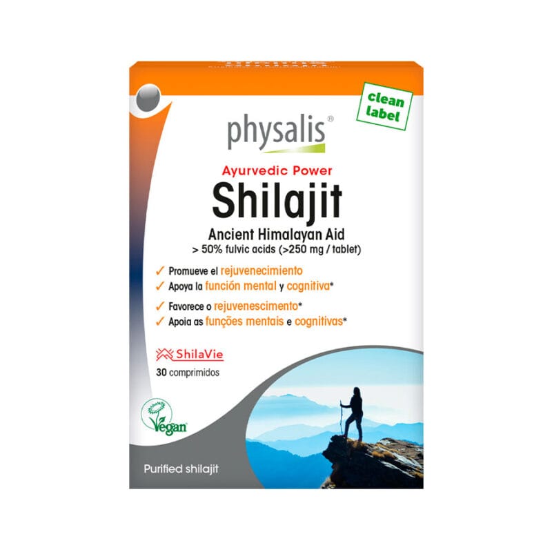 Embalagem de shilajit de 30 Comprimidos da marca Physalis- este suplemento alimentar favorece o rejuvenescimento, apoia as funções mentais e cognitivas