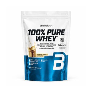 100% Pure Whey Baunilha Bourbon 900gr BioTechUSA, proteína whey em pó com concentrado e isolado de soro de leite para apoio à massa muscular.