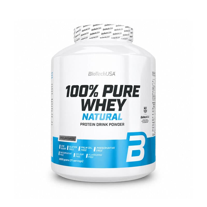 100% Pure Whey Sem Sabor 2000gr BioTech USA, proteína whey em pó natural com concentrado de soro de leite para apoio à massa muscular.