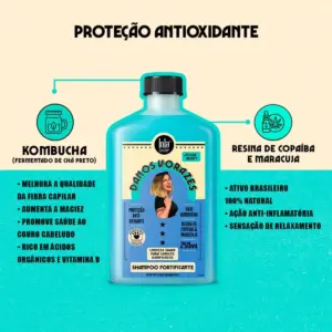 Danos Vorazes-Shampoo Fortificante de 250ml da marca Lola. Promove um limpeza suave do couro cabeludo e cabelos mais fortes e saudáveis.