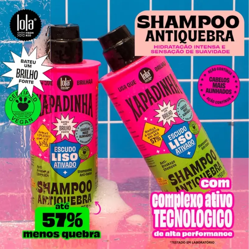 Xapadinha Shampoo Anti-Quebra de 250ml da marca Lola. É um Shampoo luxuoso com escudo protetor que suaviza e reduz a quebra dos cabelos em até  57%*, além de proporcionar brilho e fácil desembaraço.