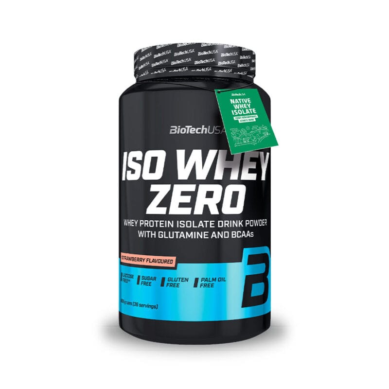 "Iso Whey Zero 908g Morango Biotech USA - Proteína isolada premium com sabor intenso a morango, sem açúcares adicionados nem glúten. Perfeita para potenciar os resultados e manter uma dieta equilibrada.