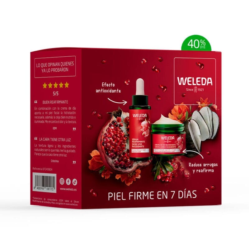 Conjunto de cuidados faciais com creme de dia e sérum, formulados com óleo de sementes de romã e peptídeos de maca biológicos. Reduz rugas, melhora a elasticidade e ilumina a pele. Ideal para revitalizar peles maduras