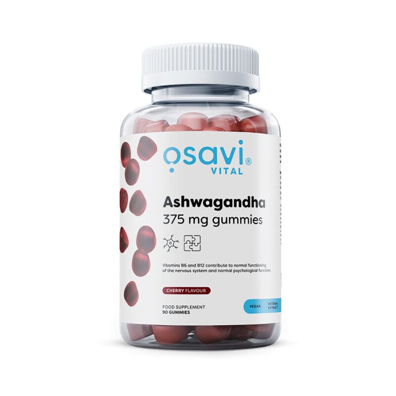 Gomas com ashwagandha e vitaminas B6 e B12. Promovem o bem-estar físico e mental, reduzindo o cansaço.