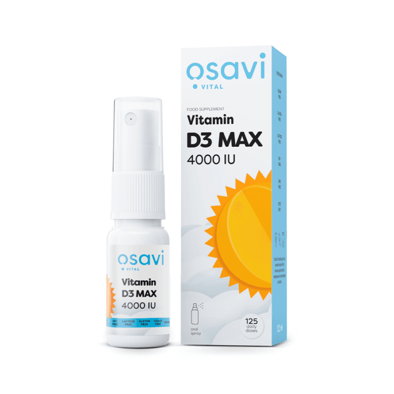 Suplemento alimentar em spray oral contendo 4000 UI de vitamina D3 natural dissolvida em óleo MCT de coco. Contribui para o normal funcionamento do sistema imunitário, manutenção de ossos e dentes saudáveis, e absorção de cálcio.