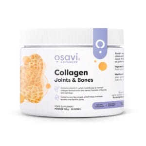 Suplemento alimentar em pó com peptídeos de colagénio bioativos FORTIBONE® e extrato de rosa mosqueta padronizado para 70% de vitamina C. Apoia a saúde das articulações e ossos, promovendo a síntese de colagénio e aumentando a densidade óssea.