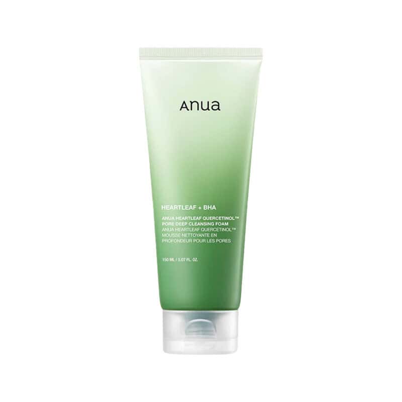 Heartleaf Quercetinol Espuma de Limpeza 150ml Anua, espuma facial com heartleaf, quercetina e BHA para limpar poros, impurezas e excesso de sebo.