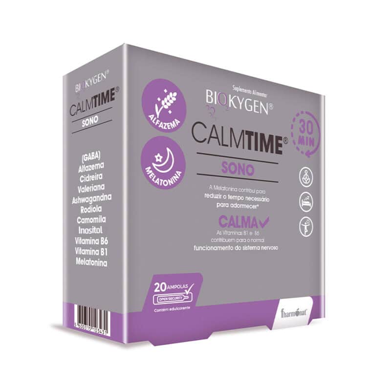 Embalagem do Calmtime Sono 20 Ampolas Biokygen, em branco e azul, ideal para promover um sono tranquilo e reparador de forma natural.