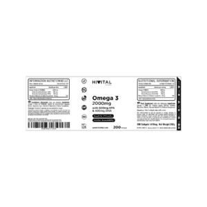 Frasco de 200 cápsulas de Ómega 3 2000mg da marca Hivital, suplemento com ácidos gordos essenciais para saúde cardiovascular, cerebral e articular.