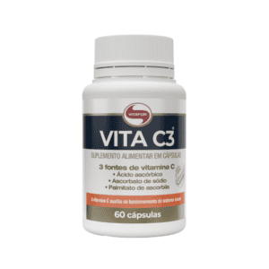 Embalagem do Vitamina C3 60 Cápsulas Vitafor, em branco e vermelho, rica em vitamina C para reforço do sistema imunitário e ação antioxidante.