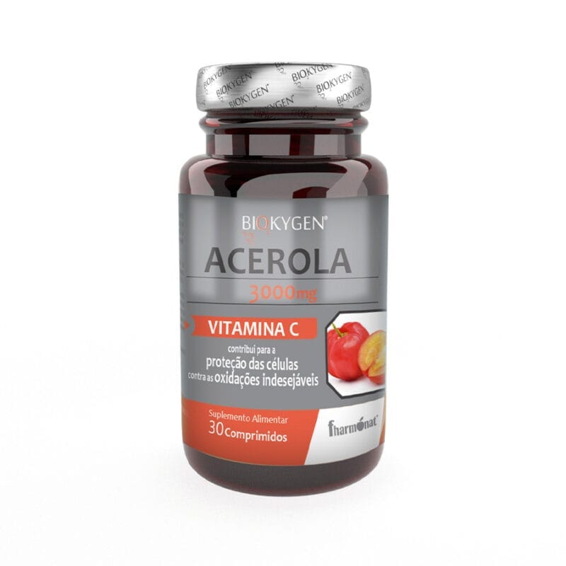 Embalagem do Acerola 3000mg 30 Comprimidos Biokygen, em branco e vermelho, rica em vitamina C natural para reforço do sistema imunológico.