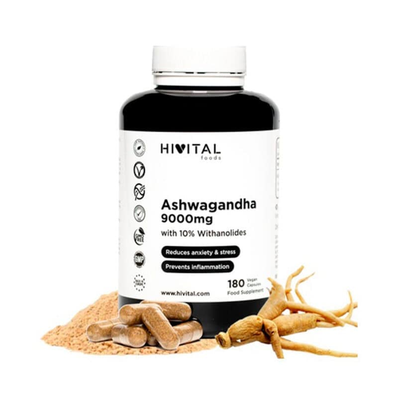 Frasco de Ashwagandha 9000mg com 180 cápsulas da Hivital, suplemento adaptogénico para equilíbrio mental e físico.