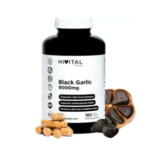 Frasco do Alho Preto 9000mg com 180 cápsulas da Hivital, suplemento natural para suporte cardiovascular e imunológico.