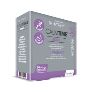 Embalagem do Calmtime Sono 20 Ampolas Biokygen, em branco e azul, ideal para promover um sono tranquilo e reparador de forma natural.