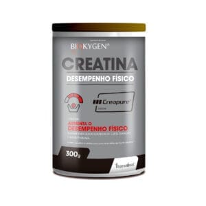 Embalagem do Creatina Creapure 300gr Biokygen, em branco e azul, ideal para melhorar o desempenho físico e aumentar a força muscular.