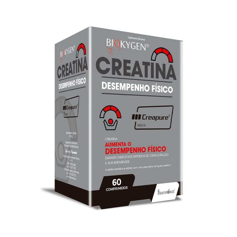 Embalagem do Creatina Creapure 60 Comprimidos Biokygen, em branco e azul, ideal para melhorar o desempenho físico e aumentar a força muscular.