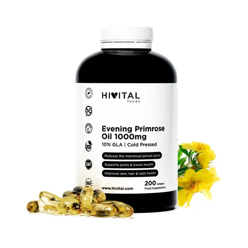 Frasco de 200 cápsulas de Óleo de Onagra 1000mg (Evening Primrose Oil) da marca Hivital, suplemento natural com propriedades anti-inflamatórias e reguladoras hormonais.