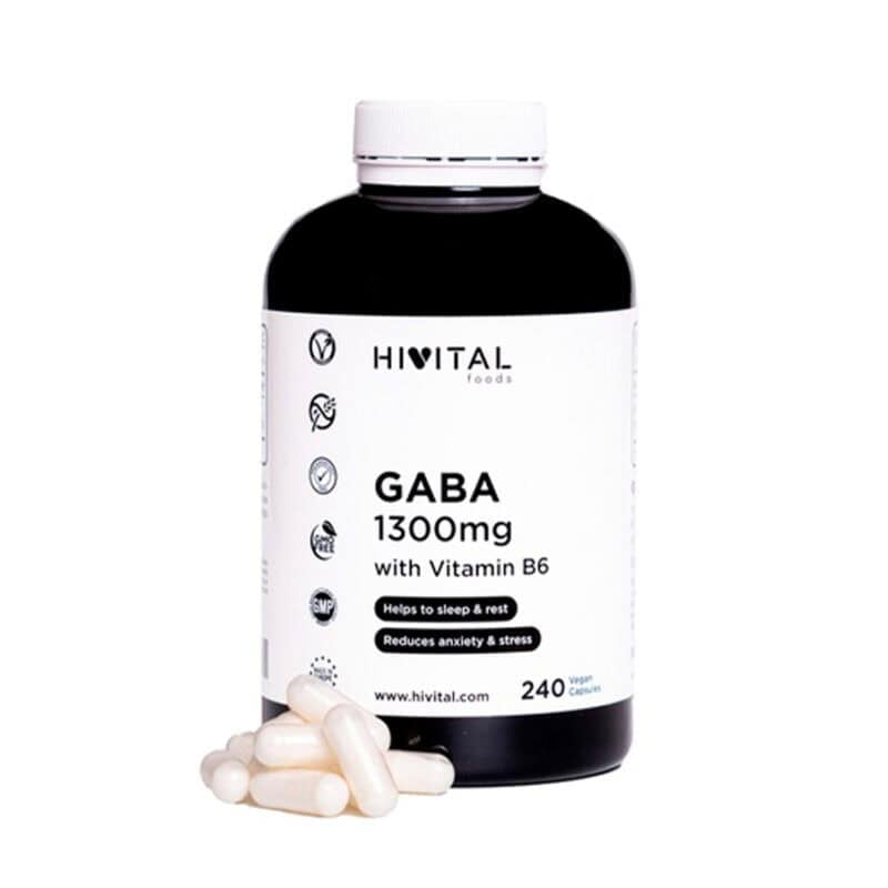 "Frasco de GABA 400mg com Vitamina B6, 240 cápsulas da Hivital, suplemento para relaxamento, foco e bem-estar mental.