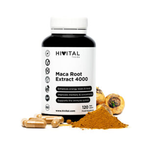 Frasco de 120 cápsulas de Maca Peruana extrato concentrado 4000mg da marca Hivital, suplemento natural para aumentar a energia e a vitalidade.