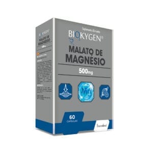 Embalagem do Malato de Magnésio 500mg 60 Cápsulas Biokygen, em branco e verde, ideal para suporte muscular e energia.