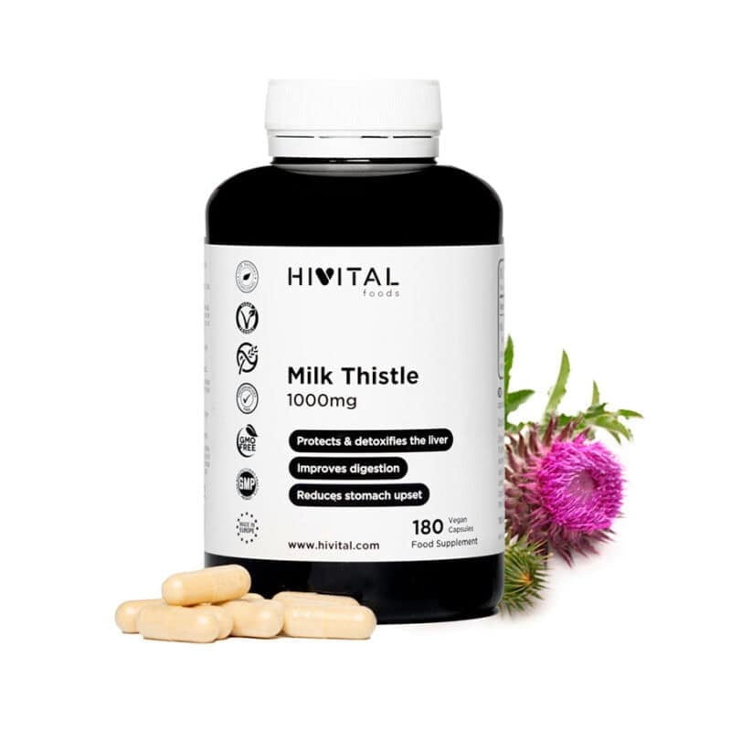 Frasco de 180 cápsulas de Milk Thistle (Extrato de Cardo Mariano) 1000mg da marca Hivital, suplemento natural para saúde hepática e desintoxicação.