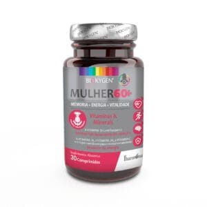 Embalagem do Mulher 60+ Multivitamínico 30 Comprimidos Biokygen, em tons de branco e roxo, desenvolvido para apoiar a saúde e o bem-estar da mulher acima de 60 anos.