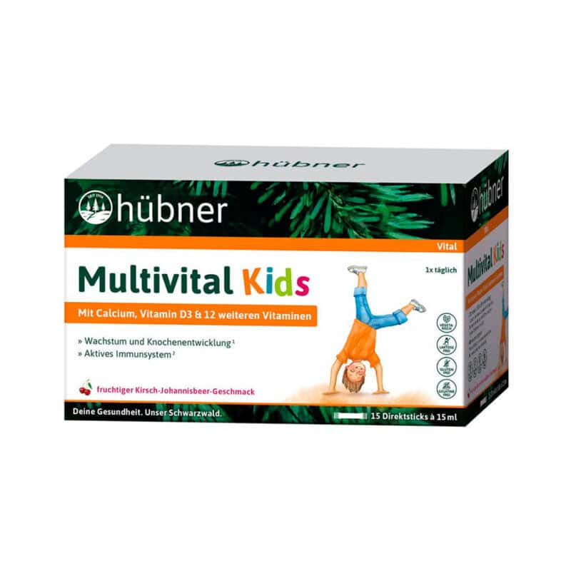 Embalagem do Multivital Kids com 15 saquetas de 15ml da Hübner, suplemento vitamínico para suporte infantil.