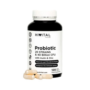 Frasco do Probiótico 20 Estirpes e 40 Biliões CFU com 120 Cápsulas da Hivital, suporte para saúde digestiva e equilíbrio intestinal.