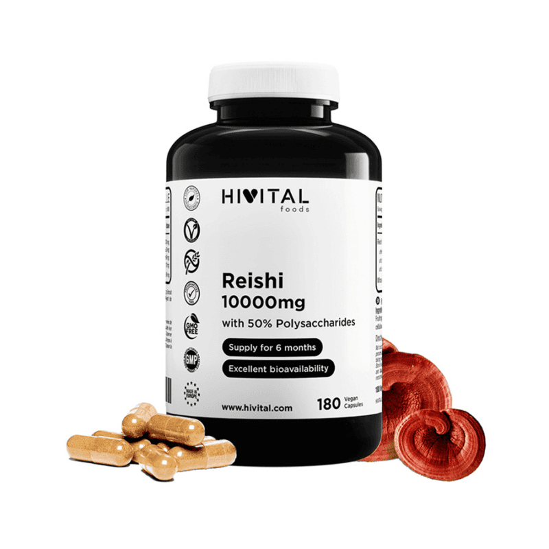 Frasco de Reishi 10000mg com 180 cápsulas da Hivital, suplemento natural para fortalecimento do sistema imunológico e bem-estar geral.