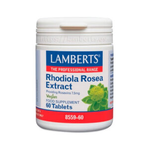 Frasco de Rhodiola Rosea 3125mg com 60 comprimidos da Lamberts, suplemento adaptogénico para energia e redução de stress."