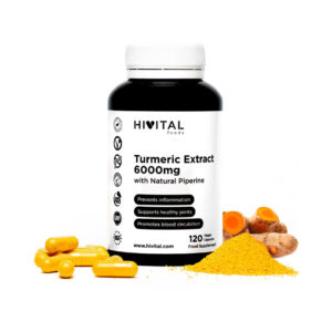 Frasco de 120 cápsulas de Turmeric extrato de cúrcuma 6000mg da marca Hivital, suplemento natural com propriedades antioxidantes e anti-inflamatórias.