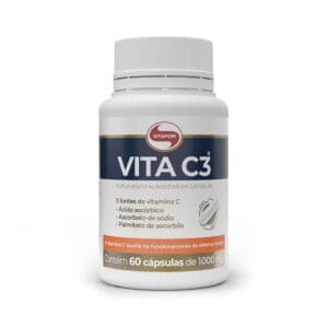 Embalagem do Vitamina C3 60 Cápsulas Vitafor, em branco e vermelho, rica em vitamina C para reforço do sistema imunitário e ação antioxidante.