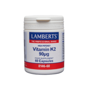 Frasco da Vitamina K2 (MK7) 90µg com 60 cápsulas da Lamberts, suporte para saúde óssea e cardiovascular.