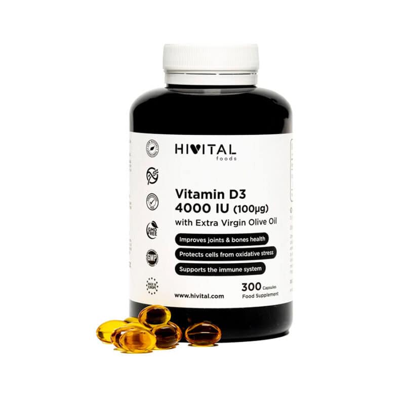 Frasco de 300 cápsulas de Vitamina D3 4000IU da marca Hivital, suplemento essencial para saúde óssea, imunidade e bem-estar geral.