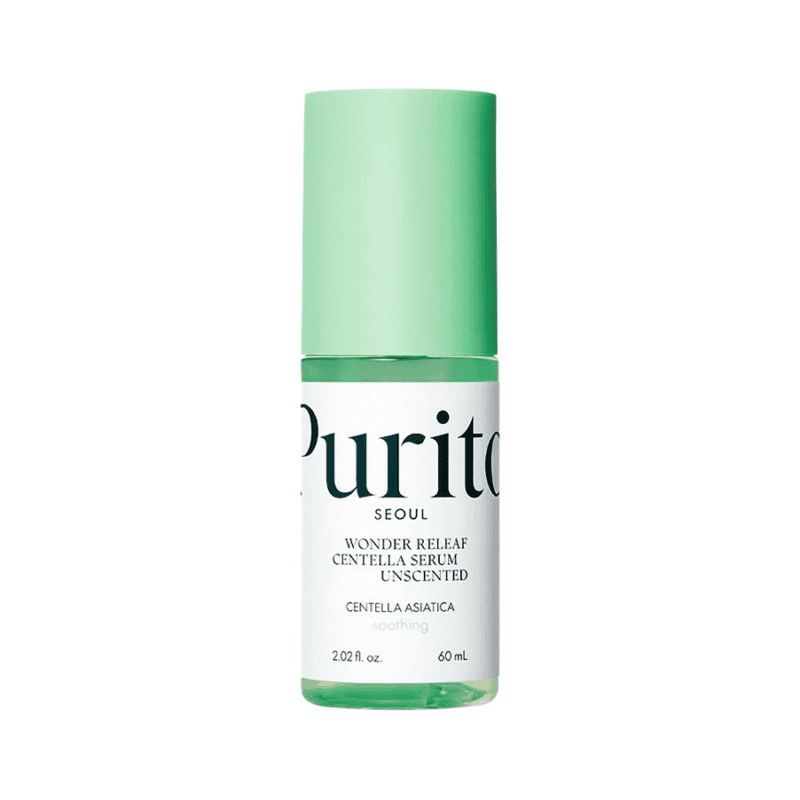 Frasco do Sérum Wonder Releaf Centella Sem Perfume 60ml da Purito Seoul, tratamento calmante e hidratante para peles sensíveis.