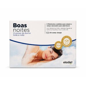 Frasco do Boas Noites com 30 comprimidos da Eladiet, suplemento natural para promover um sono tranquilo e reparador.