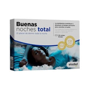 Frasco do Buenas Noches Total com 30 comprimidos da Eladiet, suplemento natural para melhorar a qualidade do sono.